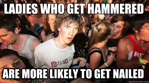 LAdies who get hammered
 are more likely to get nailed  Sudden Clarity Clarence