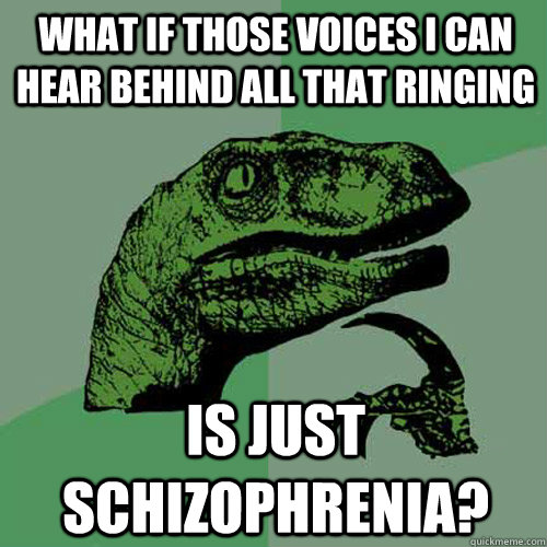 what if those voices I can hear behind all that ringing is just schizophrenia?  Philosoraptor