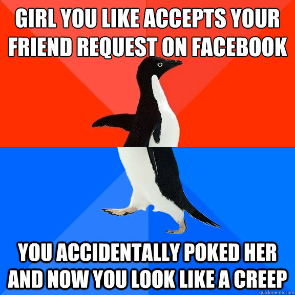 Girl you like accepts your friend request on facebook
 You accidentally poked her and now you look like a creep  Socially Awesome Awkward Penguin