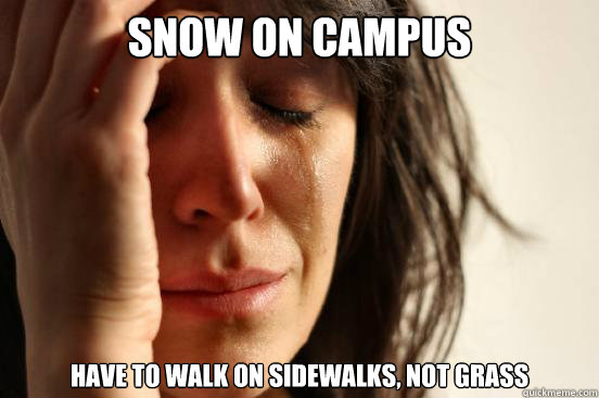 Snow on Campus Have to walk on sidewalks, not grass  First World Problems