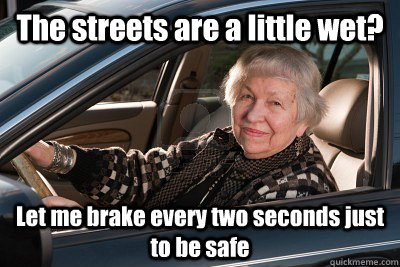 The streets are a little wet? Let me brake every two seconds just to be safe - The streets are a little wet? Let me brake every two seconds just to be safe  old lady driving