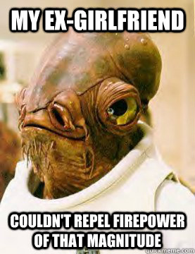 my ex-girlfriend couldn't repel firepower of that magnitude - my ex-girlfriend couldn't repel firepower of that magnitude  Admiral Ackbar Grylls