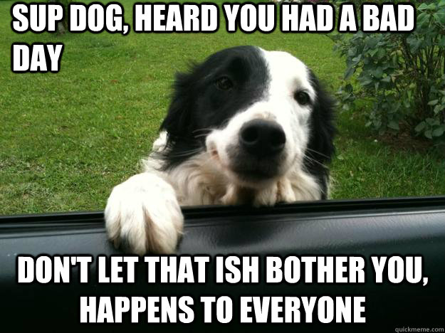 sup dog, heard you had a bad day don't let that ish bother you, happens to everyone - sup dog, heard you had a bad day don't let that ish bother you, happens to everyone  Cool Dog