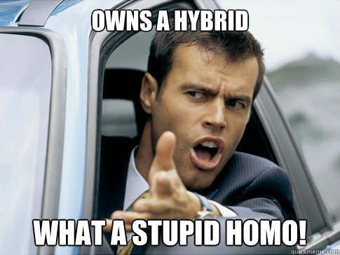 Owns a hybrid What a stupid homo!  Asshole driver