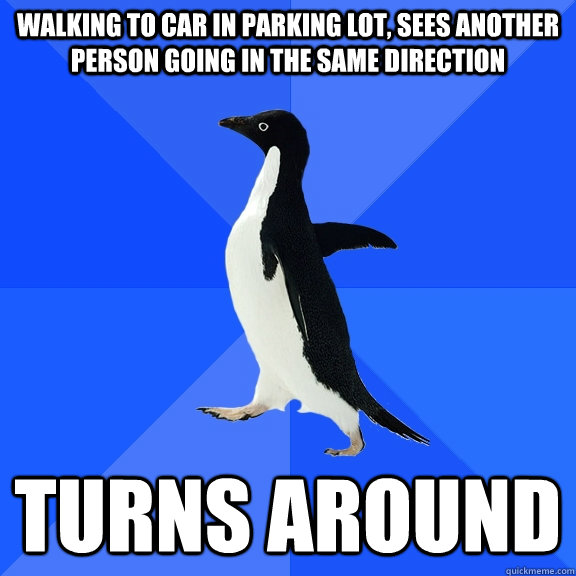 walking to car in parking lot, sees another person going in the same direction turns around - walking to car in parking lot, sees another person going in the same direction turns around  Socially Awkward Penguin