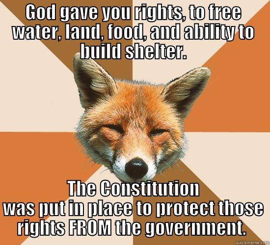 The real Fox news - GOD GAVE YOU RIGHTS, TO FREE WATER, LAND, FOOD, AND ABILITY TO BUILD SHELTER. THE CONSTITUTION WAS PUT IN PLACE TO PROTECT THOSE RIGHTS FROM THE GOVERNMENT.  Condescending Fox