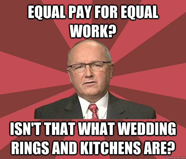 equal pay for equal work? Isn't that what wedding rings and kitchens are?  Hoekstra Hates Women