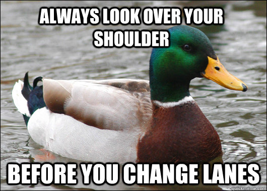 Always look over your shoulder before you change lanes - Always look over your shoulder before you change lanes  Actual Advice Mallard