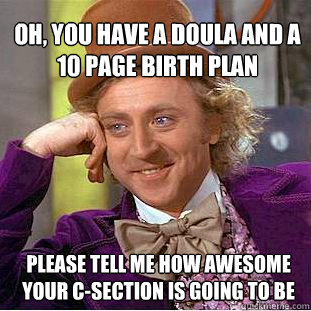 Oh, you have a Doula and a 10 page birth plan please tell me how awesome your c-section is going to be  Willy Wonka Meme