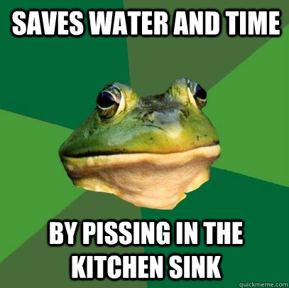 Saves water and time by pissing in the kitchen sink  Foul Bachelor Frog