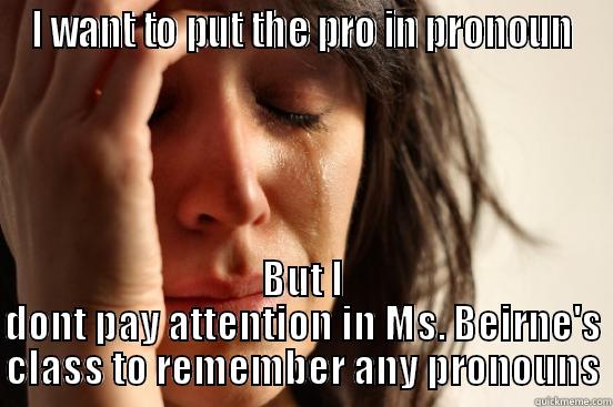 I WANT TO PUT THE PRO IN PRONOUN BUT I DONT PAY ATTENTION IN MS. BEIRNE'S CLASS TO REMEMBER ANY PRONOUNS First World Problems