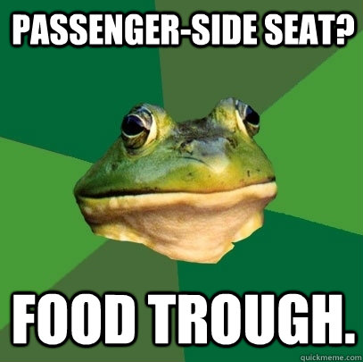 passenger-side seat? food trough.  Foul Bachelor Frog
