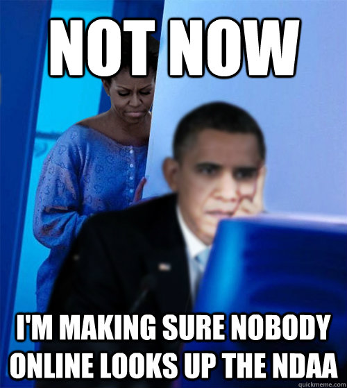 NOT NOW I'm making sure nobody online looks up the ndaa  Redditor Obamas Wife