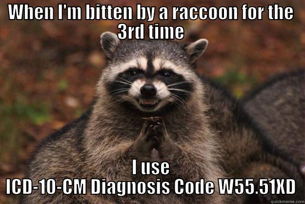 WHEN I'M BITTEN BY A RACCOON FOR THE 3RD TIME I USE ICD-10-CM DIAGNOSIS CODE W55.51XD Evil Plotting Raccoon