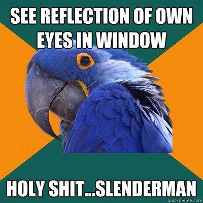 See reflection of own eyes in window Holy shit...Slenderman  Paranoid Parrot