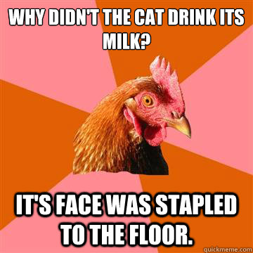 Why didn't the cat drink its milk? it's face was stapled to the floor.  Anti-Joke Chicken