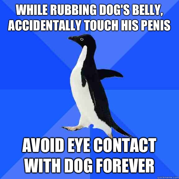 While rubbing dog's belly, accidentally touch his penis Avoid eye contact with dog forever  Socially Awkward Penguin