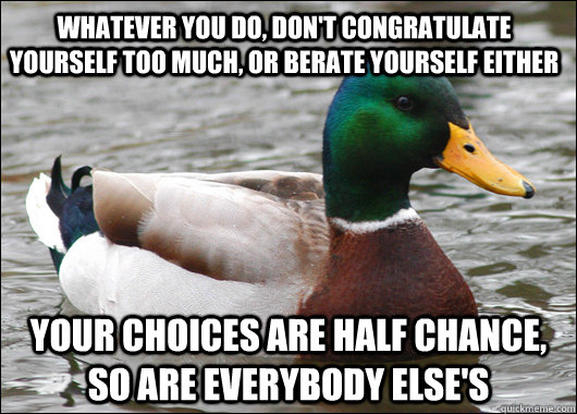 Whatever you do, don't congratulate yourself too much, or berate yourself either  Your choices are half chance, so are everybody else's  Actual Advice Mallard