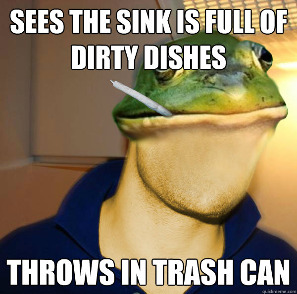 Sees the sink is full of dirty dishes Throws in trash can  Good Guy Foul Bachelor Frog