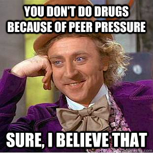 You don't do drugs because of peer pressure Sure, I believe that - You don't do drugs because of peer pressure Sure, I believe that  Condescending Wonka