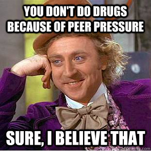 You don't do drugs because of peer pressure Sure, I believe that  Condescending Wonka