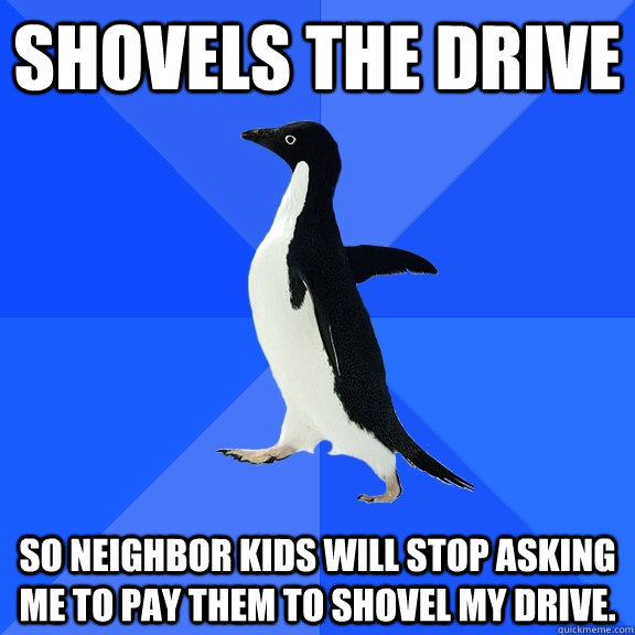 Shovels the Drive So neighbor kids will stop asking me to pay them to shovel my drive.  Socially Awkward Penguin