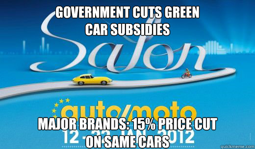 Government cuts green 
car subsidies Major brands: 15% price cut 
on same cars - Government cuts green 
car subsidies Major brands: 15% price cut 
on same cars  Misc