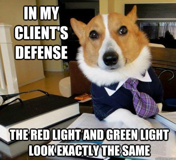 In my client's defense The red light and green light look exactly the same  Lawyer Dog