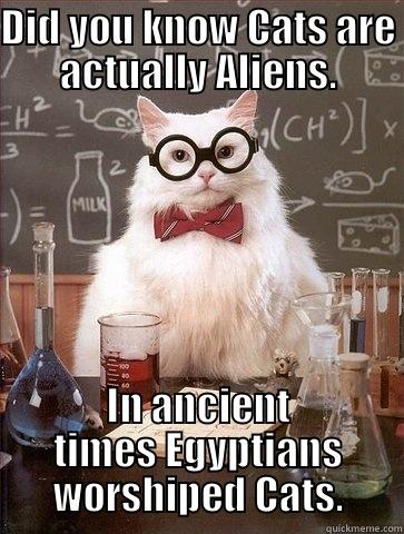 DID YOU KNOW CATS ARE ACTUALLY ALIENS. IN ANCIENT TIMES EGYPTIANS WORSHIPED CATS. Chemistry Cat