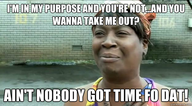 I'm in my purpose and you're not...and you wanna take me out? Ain't nobody got time fo dat!  Sweet Brown