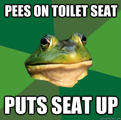 pees on toilet seat puts seat up  Foul Bachelor Frog