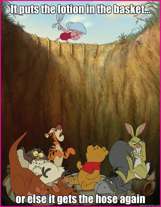 It puts the lotion in the basket... or else it gets the hose again - It puts the lotion in the basket... or else it gets the hose again  Silence of the pooh