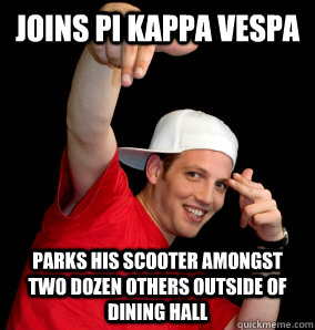 joins pi kappa vespa parks his scooter amongst two dozen others outside of dining hall  
