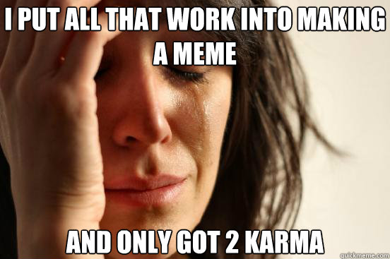 I put all that work into making a meme and only got 2 karma  First World Problems
