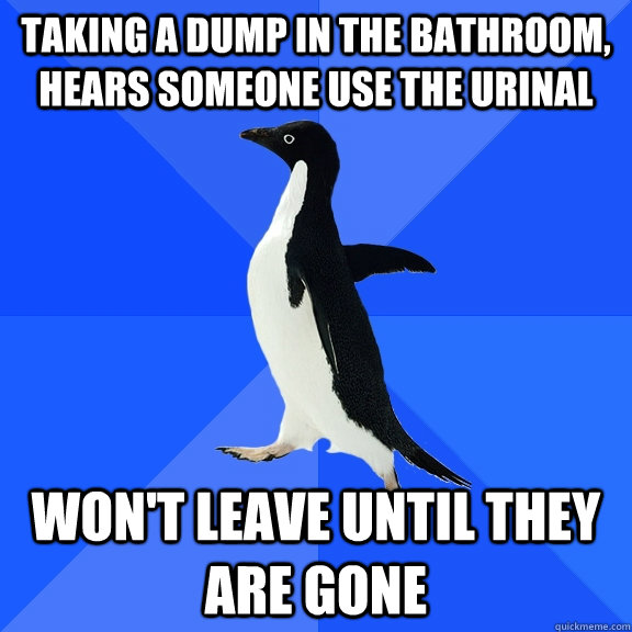 Taking a dump in the bathroom, hears someone use the urinal won't leave until they are gone  Socially Awkward Penguin