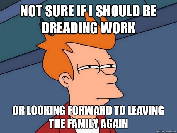 Not sure if I should be dreading work Or looking forward to leaving the family again - Not sure if I should be dreading work Or looking forward to leaving the family again  Futurama Fry