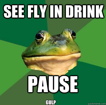 See fly in drink pause gulp  Foul Bachelor Frog