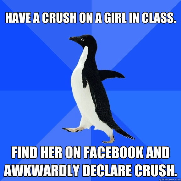 Have a crush on a girl in class. Find her on Facebook and awkwardly declare crush.  Socially Awkward Penguin