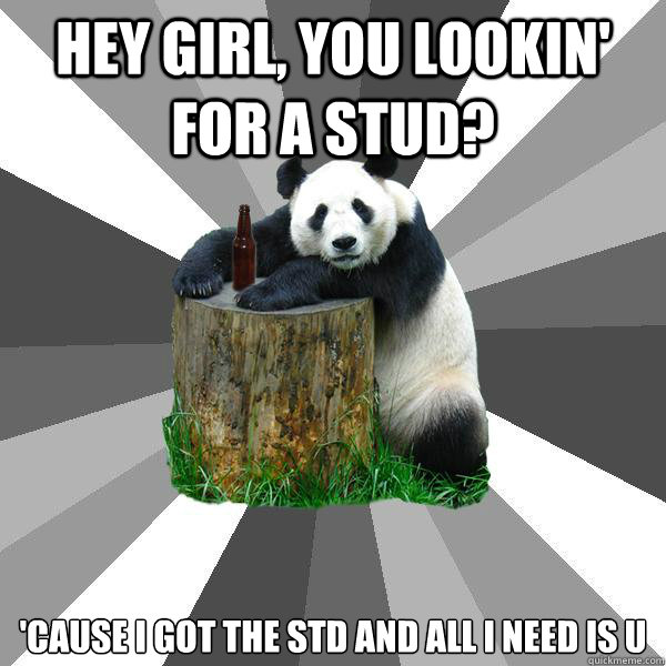 HEY GIRL, YOU LOOKIN' FOR A STUD? 'CAUSE I GOT THE STD AND ALL I NEED IS U  Pickup-Line Panda