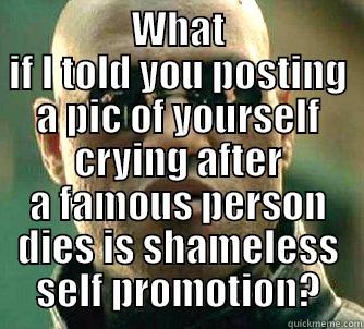 sad sad oh so sad -  WHAT IF I TOLD YOU POSTING A PIC OF YOURSELF CRYING AFTER A FAMOUS PERSON DIES IS SHAMELESS SELF PROMOTION? Matrix Morpheus