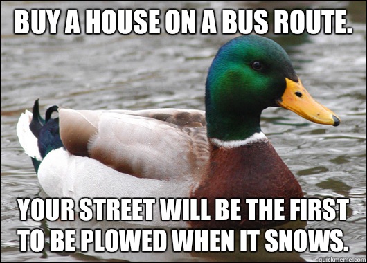 Buy a house on a bus route.  Your street will be the first to be plowed when it snows.   Actual Advice Mallard