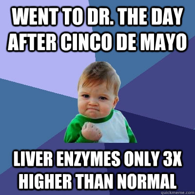 went to dr. the day after cinco de mayo liver enzymes only 3x higher than normal  Success Kid
