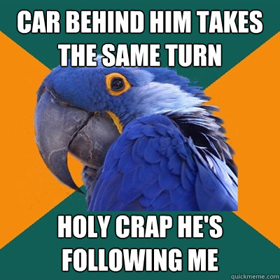 car behind him takes the same turn Holy crap he's following me  Paranoid Parrot