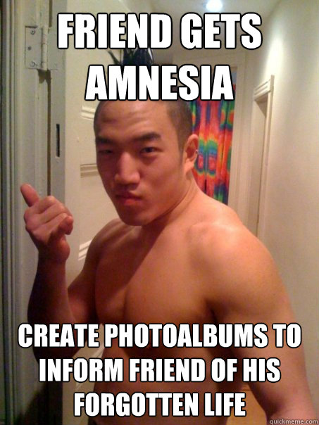 Friend gets amnesia Create photoalbums to inform friend of his forgotten life  