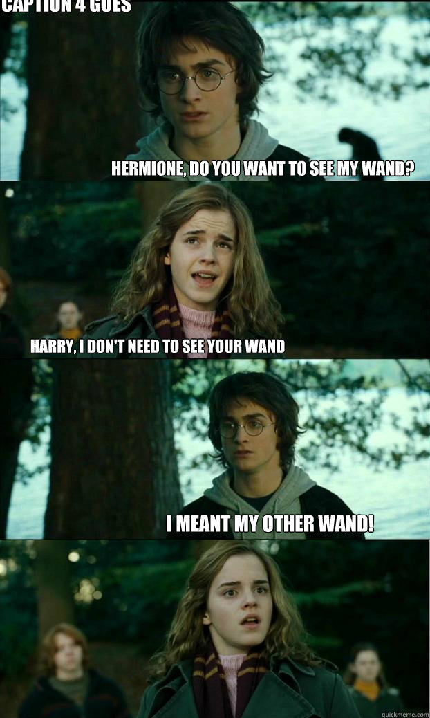 Hermione, do you want to see my wand? Harry, I don't need to see your wand I meant my other wand! Caption 4 goes here  Horny Harry