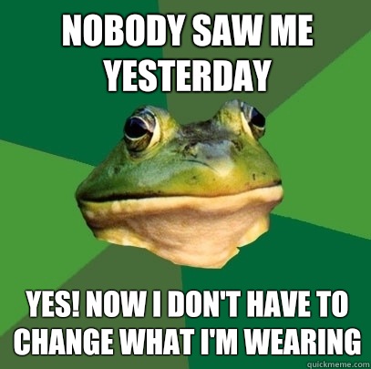 Nobody saw me yesterday Yes! Now I don't have to change what I'm wearing  Foul Bachelor Frog