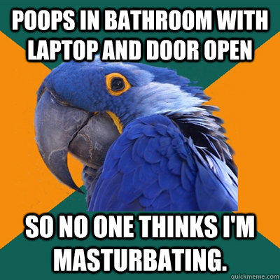 Poops in bathroom with laptop and door open So no one thinks I'm masturbating.  Paranoid Parrot
