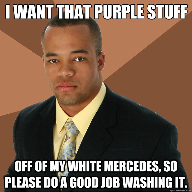 i want that purple stuff off of my white mercedes, so please do a good job washing it.  Successful Black Man
