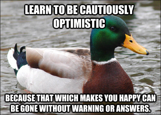 Learn to be cautiously optimistic  because that which makes you happy can be gone without warning or answers.  Actual Advice Mallard