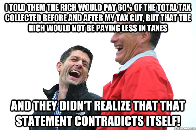 i told them the rich would pay 60% of the total tax collected before and after my tax cut, but that the rich would not be paying less in taxes and they didn't realize that that statement contradicts itself! - i told them the rich would pay 60% of the total tax collected before and after my tax cut, but that the rich would not be paying less in taxes and they didn't realize that that statement contradicts itself!  Lying RomneyRyan